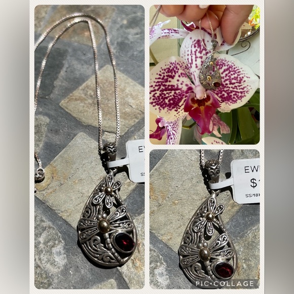 SS/18K Gold Bali garnet pendant necklace - Picture 8 of 9